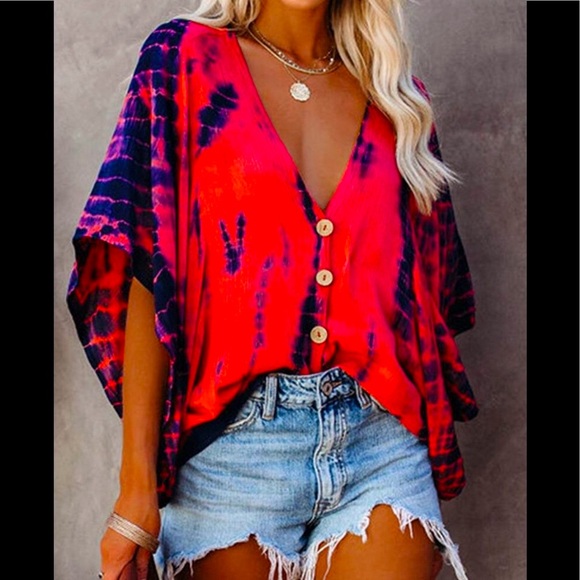 💋Sexy Deep V Neck Tie-dye Coral Red Loose Batwing Half Sleeves Button ⬇️Blouse - Picture 9 of 13